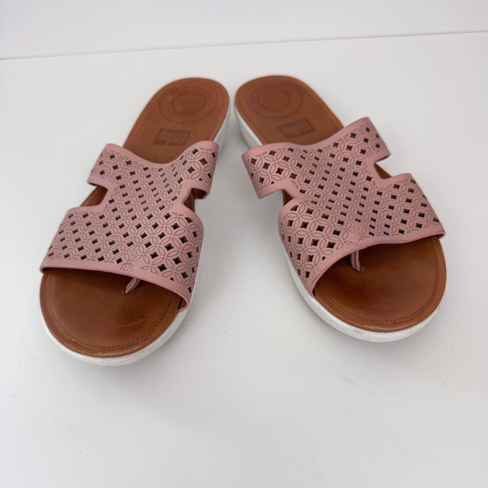 FitFlop Womens Gracie Slide Sandals Size 7 Leather Latticed H Bar Comfort Pink